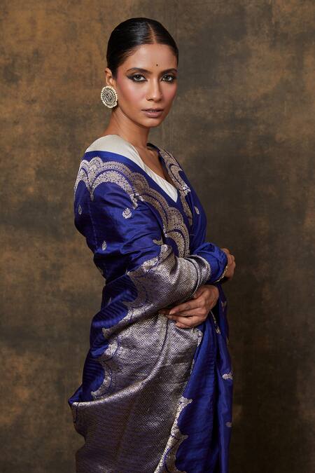 Shop Vishwa By Pinki Sinha Blue Silk Embroidery Banarasi Woven Scallop Saree With Running Blouse Piece Online at Aza Fashions Shop_Vishwa By Pinki Sinha_Blue Silk Embroidery Banarasi Woven Scallop Saree With Running Blouse Piece_Online_at_Aza_Fashions