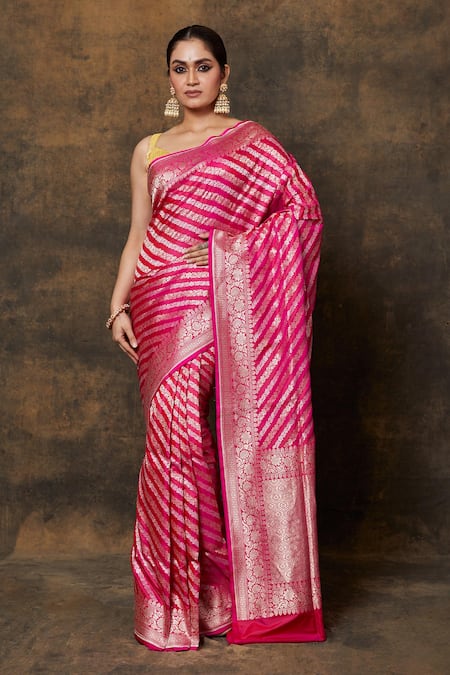 VISHWA BY PINKI SINHA Pink Banarsi Silk Woven Floral Vine Stripe Saree With Running Blouse Piece 