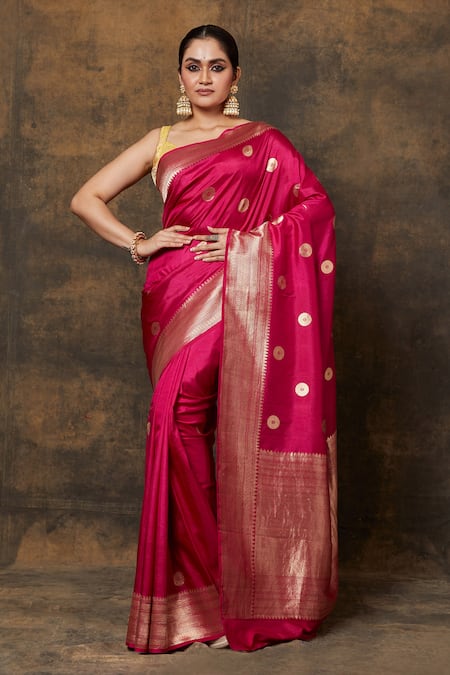 VISHWA BY PINKI SINHA Pink Banarsi Silk Woven Butti Saree With Running Blouse Piece 