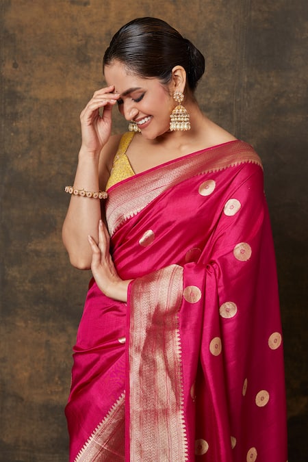 Vishwa By Pinki Sinha_Pink , Chanderi Woven Butti Saree With Running Blouse Piece_Online_at_Aza_Fashions
