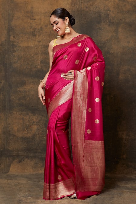Buy_Vishwa By Pinki Sinha_Pink , Chanderi Woven Butti Saree With Running Blouse Piece_Online_at_Aza_Fashions