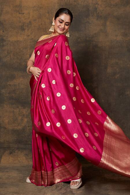 Shop_Vishwa By Pinki Sinha_Pink , Chanderi Woven Butti Saree With Running Blouse Piece_Online_at_Aza_Fashions