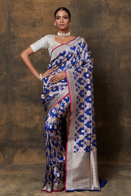 Pinki Sinha Banarasi Silk Floral Woven Saree With Running Blouse Piece 