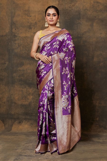 VISHWA BY PINKI SINHA Purple Banarsi Silk Woven Floral Two-tone Saree With Running Blouse Piece 