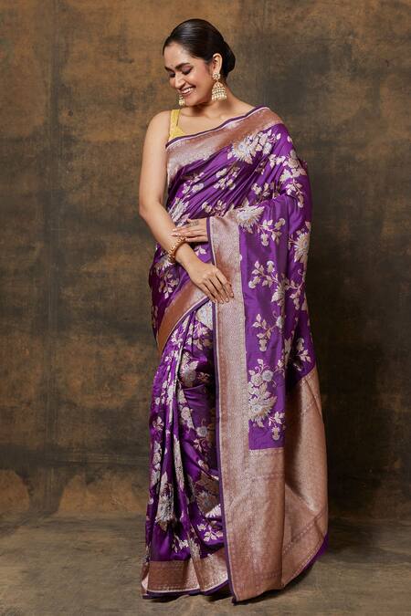 Buy_Vishwa By Pinki Sinha_Purple Silk, Brocade Two-tone Floral Vine Woven Saree With Running Blouse Piece_Online_at_Aza_Fashions