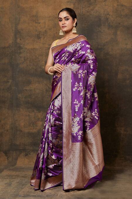 Shop_Vishwa By Pinki Sinha_Purple Silk, Brocade Two-tone Floral Vine Woven Saree With Running Blouse Piece_Online_at_Aza_Fashions