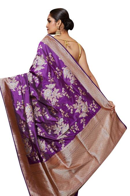 Vishwa By Pinki Sinha_Purple Silk, Brocade Two-tone Floral Vine Woven Saree With Running Blouse Piece_at_Aza_Fashions