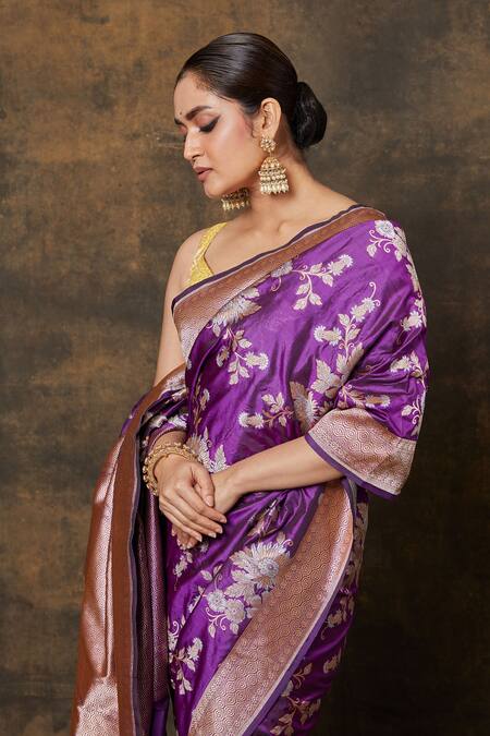 Buy_Vishwa By Pinki Sinha_Purple Silk, Brocade Two-tone Floral Vine Woven Saree With Running Blouse Piece
