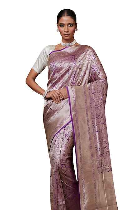 Vishwa By Pinki Sinha_Purple Silk Banarasi Vine Woven Saree With Running Blouse Piece _Online_at_Aza_Fashions