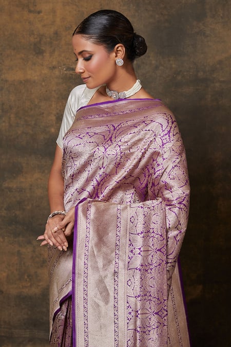 Shop_Vishwa By Pinki Sinha_Purple Silk Banarasi Vine Woven Saree With Running Blouse Piece _Online_at_Aza_Fashions