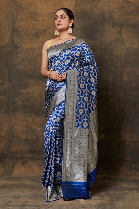 VISHWA BY PINKI SINHA Blue Banarsi Silk Woven Floral Half Moon Saree With Running Blouse Piece 