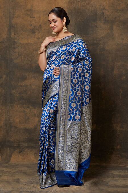 Buy_Vishwa By Pinki Sinha_Blue Silk Embroidery Woven Floral Half Moon Saree With Running Blouse Piece_Online_at_Aza_Fashions