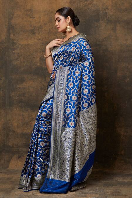 Shop_Vishwa By Pinki Sinha_Blue Silk Embroidery Woven Floral Half Moon Saree With Running Blouse Piece_Online_at_Aza_Fashions