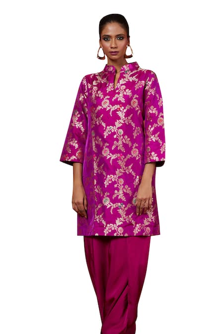 Buy Vishwa By Pinki Sinha Pink Silk Mandarin Collar Woven Vine Pattern Kurta With Tulip Pant Online at Aza Fashions Buy_Vishwa By Pinki Sinha_Pink Silk Mandarin Collar Woven Vine Pattern Kurta With Tulip Pant_Online_at_Aza_Fashions