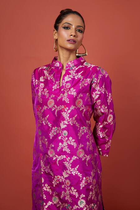 Shop Vishwa By Pinki Sinha Pink Silk Mandarin Collar Woven Vine Pattern Kurta With Tulip Pant Online at Aza Fashions Shop_Vishwa By Pinki Sinha_Pink Silk Mandarin Collar Woven Vine Pattern Kurta With Tulip Pant_Online_at_Aza_Fashions