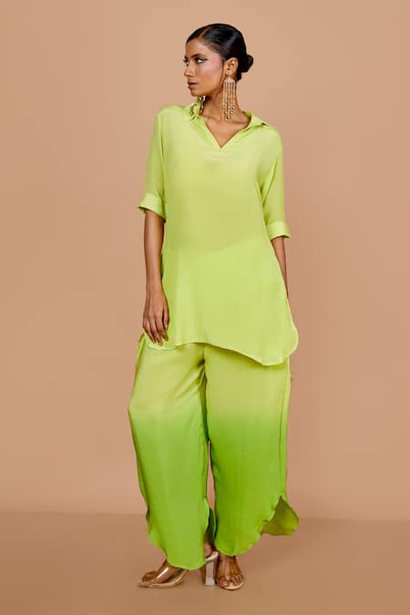 Buy_Vishwa By Pinki Sinha_Green Crepe Collared High-low Kurta With Ombre Petal Pant _Online_at_Aza_Fashions