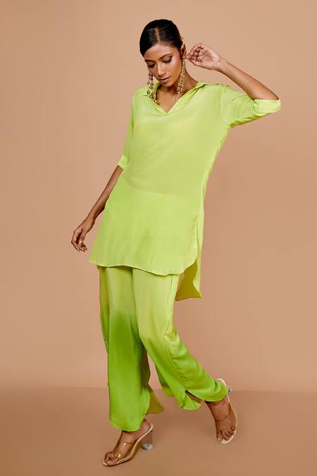 Shop_Vishwa By Pinki Sinha_Green Crepe Collared High-low Kurta With Ombre Petal Pant _Online_at_Aza_Fashions