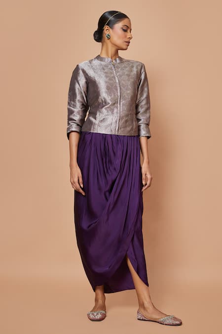 VISHWA BY PINKI SINHA Purple Banarsi Silk Woven Geometric Mandarin Collar Jacket With Draped Skirt 