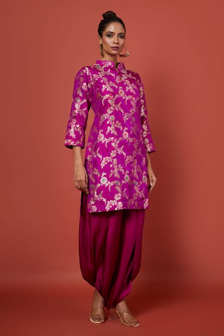 Shop Vishwa By Pinki Sinha Pink Silk Mandarin Collar Woven Vine Pattern Kurta With Tulip Pant at Aza Fashions Shop_Vishwa By Pinki Sinha_Pink Silk Mandarin Collar Woven Vine Pattern Kurta With Tulip Pant_at_Aza_Fashions