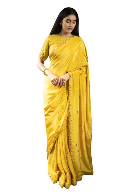 Pooja Kankariya_Yellow Silk, Crepe Sequins, Zari Round Neck Zardozi Embroidered Saree Set _Online_at_Aza_Fashions
