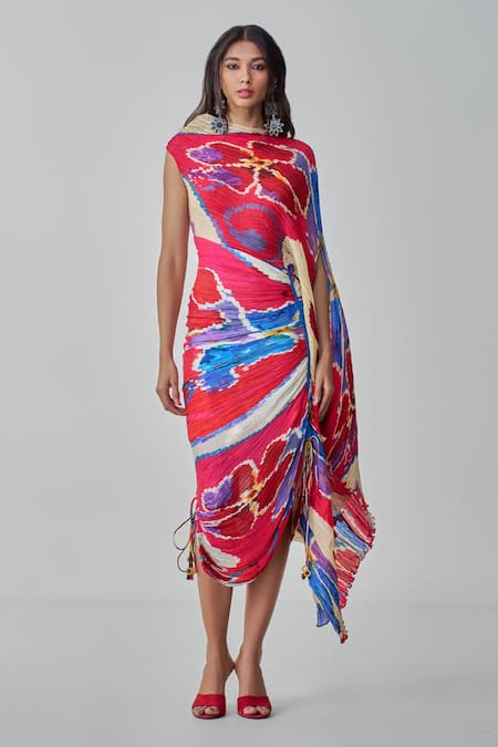 Shop_Saaksha & Kinni_Pink Silk Off-shoulder Kathy Ikat Print Dress _Online_at_Aza_Fashions