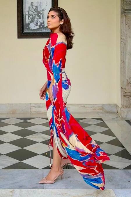 Saaksha & Kinni_Pink Silk Off-shoulder Kathy Ikat Print Dress _at_Aza_Fashions