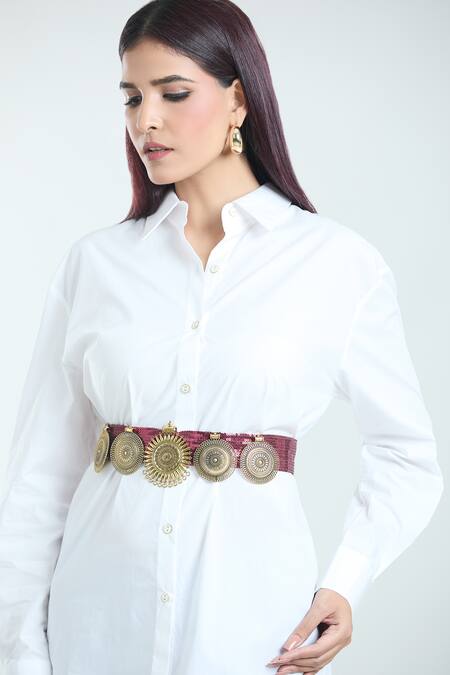 Kiran Uttam Ghosh Pink Embroidery Circular Carved Motif Sequined Belt Online at Aza Fashions Kiran Uttam Ghosh_Pink Embroidery Circular Carved Motif Sequined Belt _Online_at_Aza_Fashions
