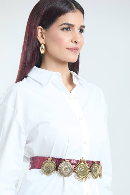 Shop Kiran Uttam Ghosh Pink Embroidery Circular Carved Motif Sequined Belt Online at Aza Fashions Shop_Kiran Uttam Ghosh_Pink Embroidery Circular Carved Motif Sequined Belt _Online_at_Aza_Fashions