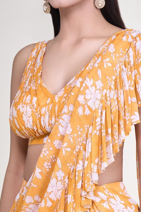 Buy Arpita Mehta Yellow Plunge Neck Floral Print Pre-draped Ruffle Saree With Blouse Online at Aza Fashions Buy_Arpita Mehta_Yellow Plunge Neck Floral Print Pre-draped Ruffle Saree With Blouse _Online_at_Aza_Fashions