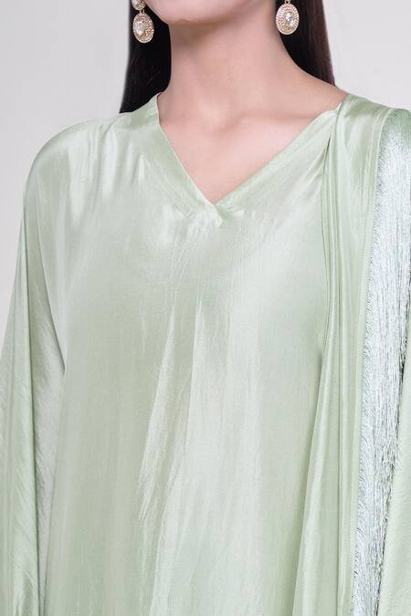 Shop_Arpita Mehta_Green Silk Fringe V-neck Kaftan Kurta Set_Online_at_Aza_Fashions