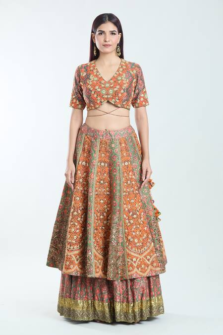Debyani + CO Green Organza, Chanderi Silk Tassels, Zari, Embroidery Floral Lehenga Set Online at Aza Fashions Debyani + CO_Green Organza, Chanderi Silk Tassels, Zari, Embroidery Floral Lehenga Set _Online_at_Aza_Fashions
