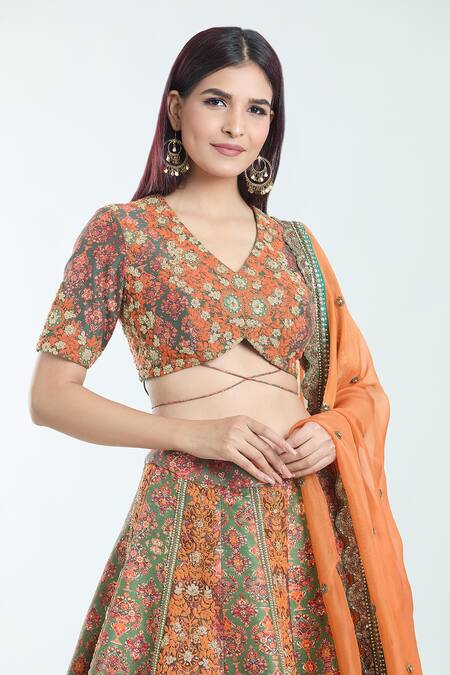 Shop Debyani + CO Green Organza, Chanderi Silk Tassels, Zari, Embroidery Floral Lehenga Set Online at Aza Fashions Shop_Debyani + CO_Green Organza, Chanderi Silk Tassels, Zari, Embroidery Floral Lehenga Set _Online_at_Aza_Fashions