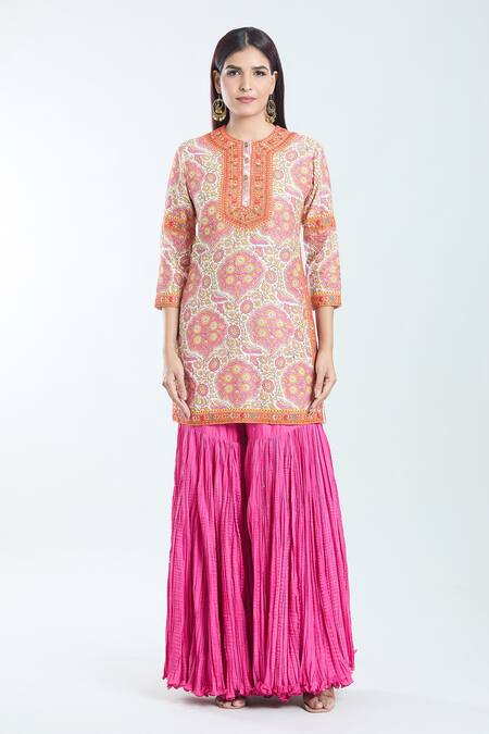 Debyani + CO_Pink Chanderi Embroidery Round Neck Floral Printed Kurta Sharara Set _Online_at_Aza_Fashions