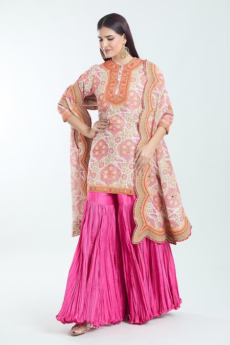 Buy_Debyani + CO_Pink Chanderi Embroidery Round Neck Floral Printed Kurta Sharara Set _Online_at_Aza_Fashions