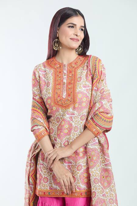 Shop_Debyani + CO_Pink Chanderi Embroidery Round Neck Floral Printed Kurta Sharara Set _Online_at_Aza_Fashions