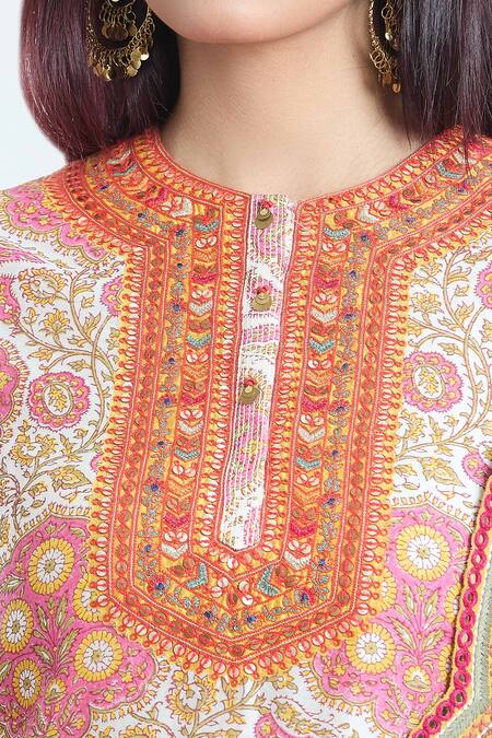 Debyani + CO_Pink Chanderi Embroidery Round Neck Floral Printed Kurta Sharara Set _at_Aza_Fashions
