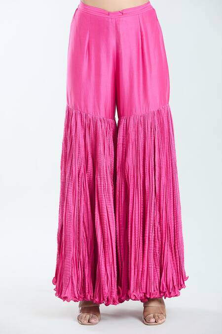 Buy_Debyani + CO_Pink Chanderi Embroidery Round Neck Floral Printed Kurta Sharara Set 