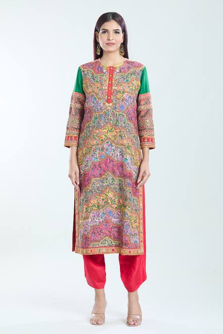 Buy Debyani + CO Multi Color Silk Sequins, Embroidery Floral Paisley Print Kurta Dhoti Pant Set Buy_Debyani + CO_Multi Color Silk Sequins, Embroidery Floral Paisley Print Kurta Dhoti Pant Set