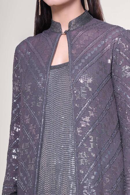 Shop_Nakul Sen_Grey Silk, Chiffon Sequins Keyhole Neck, Embroidered Jacket Farshi Palazzo Set_Online_at_Aza_Fashions