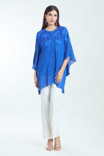 Namrata Joshipura Blue Georgette Embroidery Round Neck Dahlia Floral Kaftan Top Online at Aza Fashions Namrata Joshipura_Blue Georgette Embroidery Round Neck Dahlia Floral Kaftan Top_Online_at_Aza_Fashions