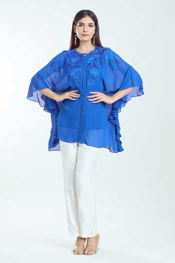 Buy Namrata Joshipura Blue Georgette Embroidery Round Neck Dahlia Floral Kaftan Top Online at Aza Fashions Buy_Namrata Joshipura_Blue Georgette Embroidery Round Neck Dahlia Floral Kaftan Top_Online_at_Aza_Fashions