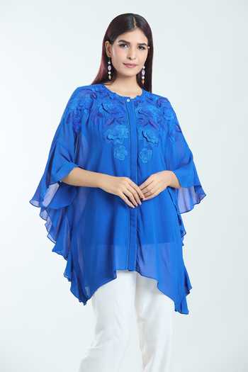 Shop Namrata Joshipura Blue Georgette Embroidery Round Neck Dahlia Floral Kaftan Top Online at Aza Fashions Shop_Namrata Joshipura_Blue Georgette Embroidery Round Neck Dahlia Floral Kaftan Top_Online_at_Aza_Fashions