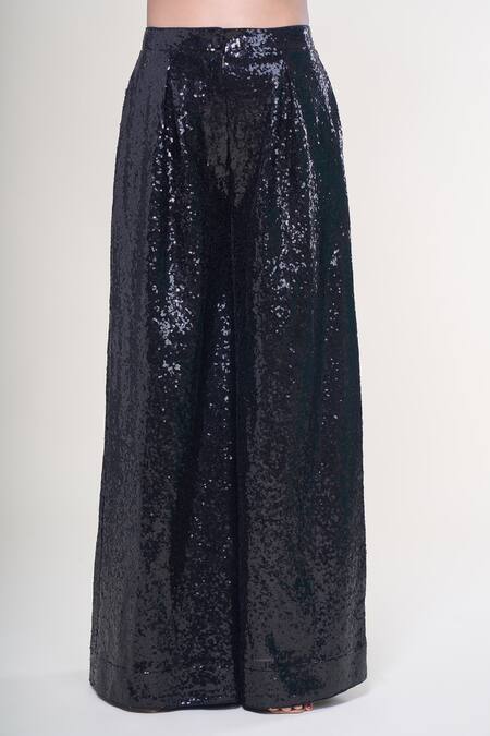 Rahul Mishra_Black Polyester Sequins Flared Trouser _Online_at_Aza_Fashions