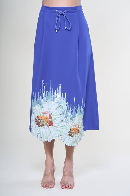 Buy_Rahul Mishra_Blue Jersey Embroidered Floral Midi Skirt_Online_at_Aza_Fashions