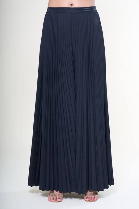 Rahul Mishra_Black Polyester Radial Pleated Flared Trouser _Online_at_Aza_Fashions