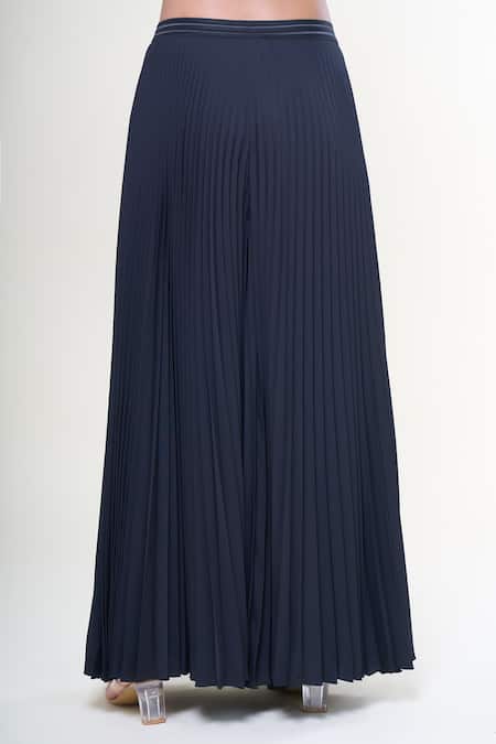 Buy_Rahul Mishra_Black Polyester Radial Pleated Flared Trouser _Online_at_Aza_Fashions