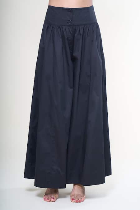 Rahul Mishra_Black Cotton Flared Gathered Trouser _Online_at_Aza_Fashions