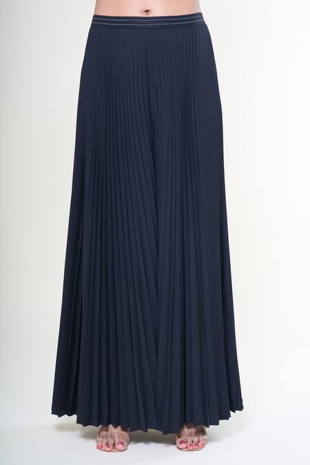 Rahul Mishra_Black Polyester Radial Pleated Flared Trouser _Online_at_Aza_Fashions