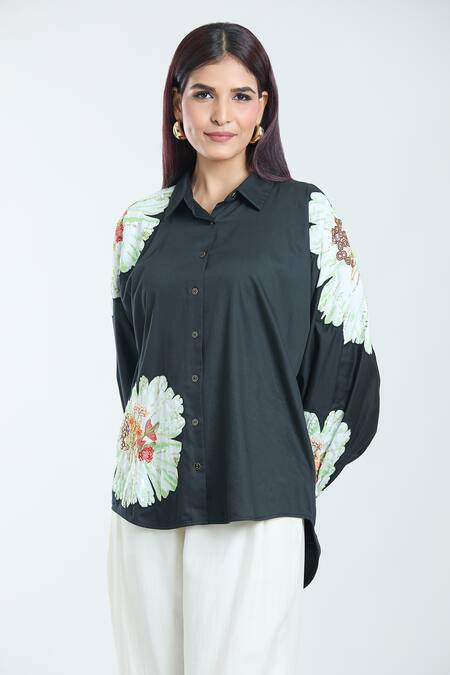 Shop Rahul Mishra Black Embroidery Collared Carnation Shirt Online at Aza Fashions Shop_Rahul Mishra_Black Embroidery Collared Carnation Shirt _Online_at_Aza_Fashions