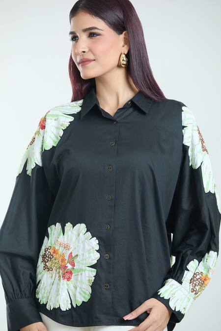 Rahul Mishra Black Embroidery Collared Carnation Shirt at Aza Fashions Rahul Mishra_Black Embroidery Collared Carnation Shirt _at_Aza_Fashions